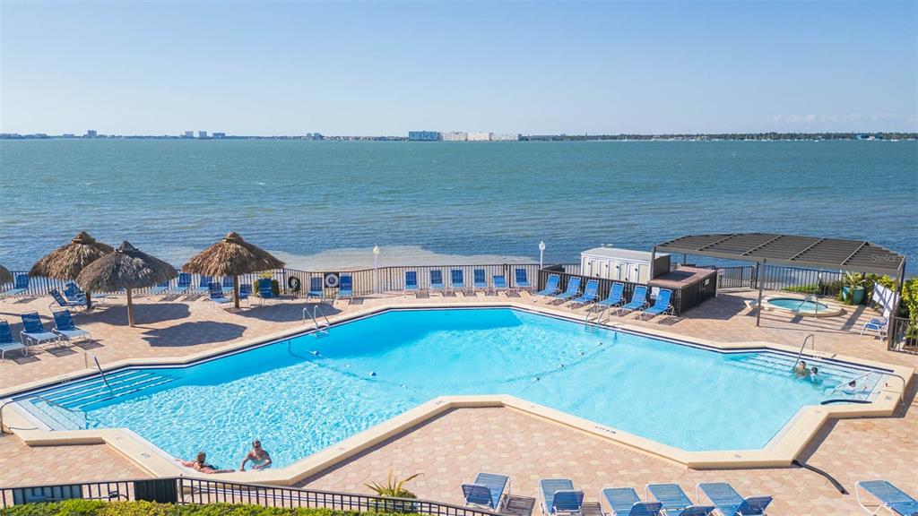 An outdoor swimming pool with lounge chairs overlooks a large body of water — 5510 PUERTA DEL SOL BOULEVARD S UNIT 132, ST PETERSBURG, FL