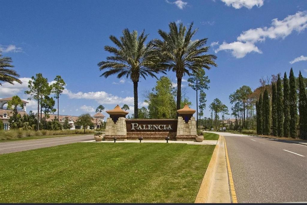 A stone monument sign for Palencia stands between two palm trees along a paved road — 36 PRIVADO COURT UNIT 36, ST AUGUSTINE, FL