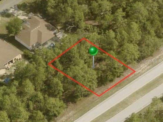 An aerial view shows a vacant, wooded lot outlined in red next to a paved road — 9210 N CITRUS SPRINGS BOULEVARD, CITRUS SPRINGS, FL