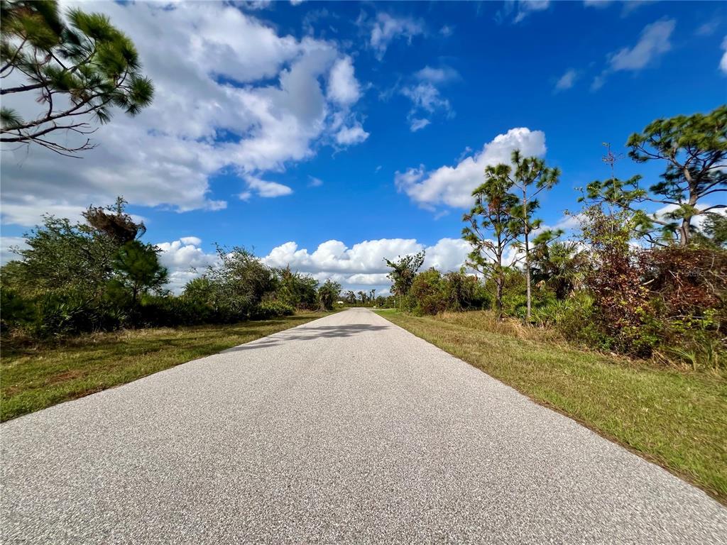 A paved road stretches into the distance, flanked by grassy verges and scattered pine trees — 4396 SINES LANE, PORT CHARLOTTE, FL