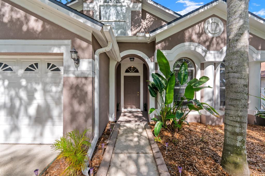 The exterior of a house features a brown front door, a walkway, and landscaping — 4814 PORTOBELLO CIRCLE, VALRICO, FL