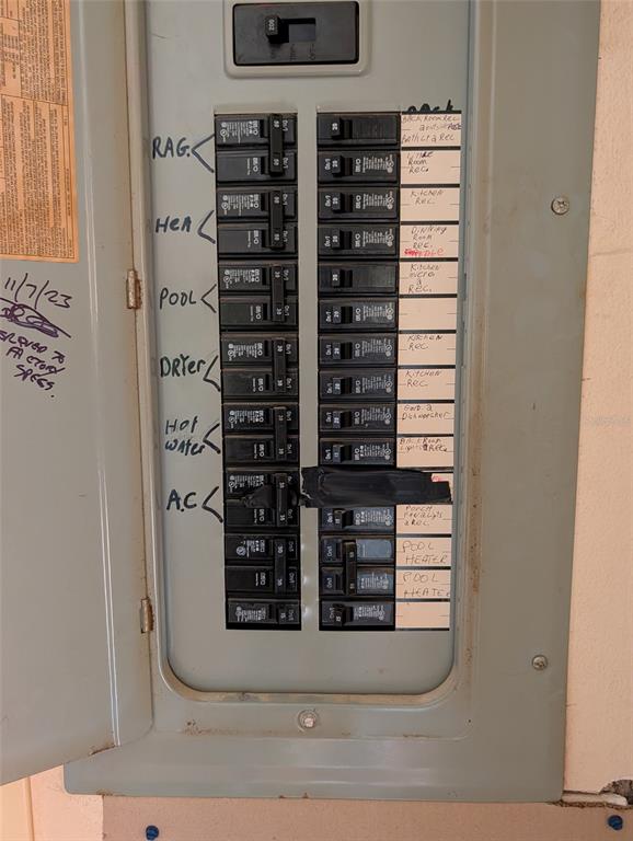 A residential electrical breaker panel with labeled switches mounted on a wall — 604 HAMLIN STREET, NOKOMIS, FL