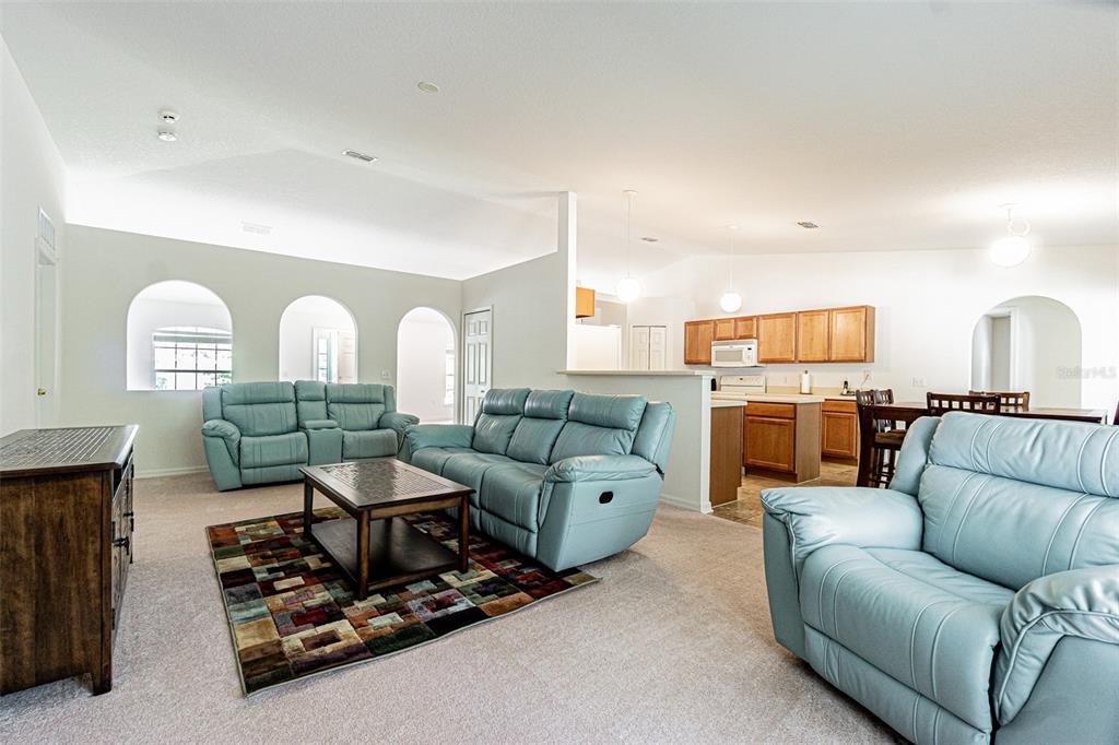 A living room with light blue leather furniture, a patterned rug, and an open kitchen — 6283 LORRAINE LANE, SPRING HILL, FL