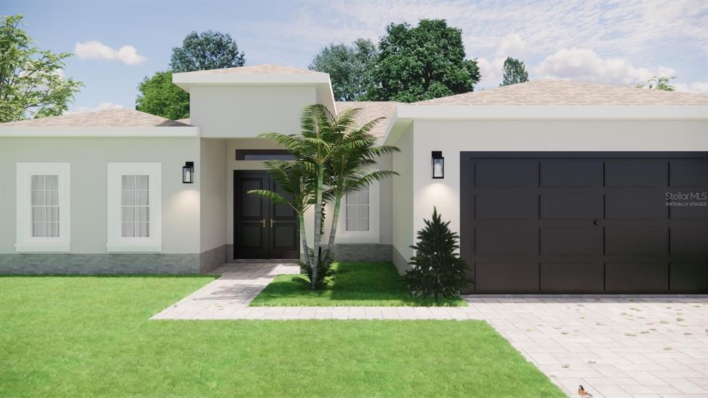 A modern single-story house with a white exterior, dark roof, and a paved driveway — 1400 MENDAVIA TERRACE, NORTH PORT, FL