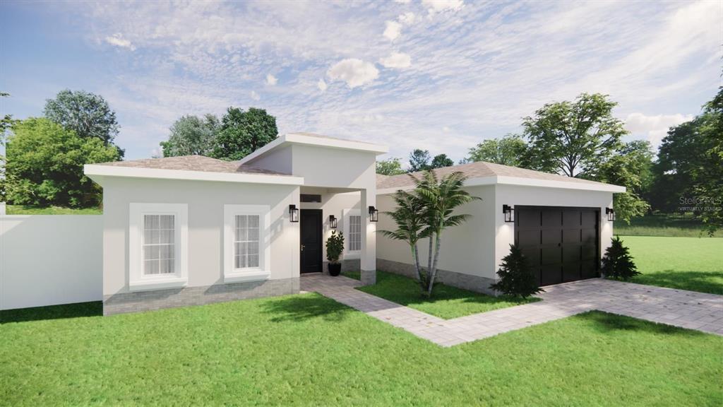 A modern white single-story house with a dark roof and a two-car garage — 1400 MENDAVIA TERRACE, NORTH PORT, FL