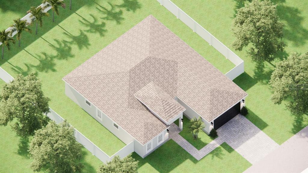 An aerial view shows a modern white house with a dark roof and paved driveway — 1400 MENDAVIA TERRACE, NORTH PORT, FL