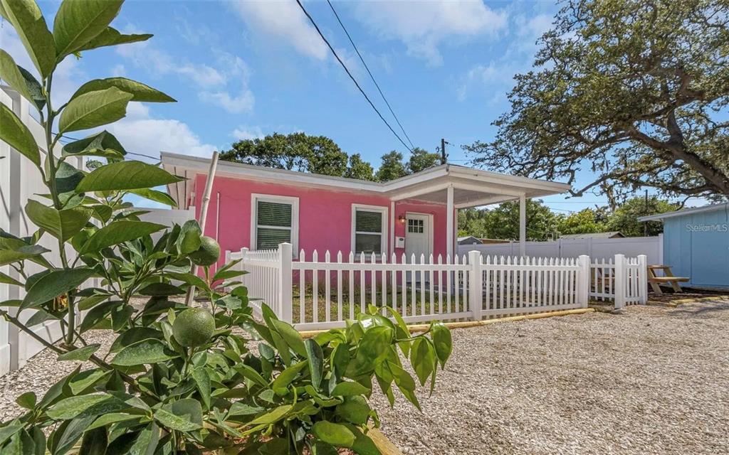 A bright pink house with a white picket fence and a gravel yard — 1500 CLEARWATER LARGO ROAD N, LARGO, FL