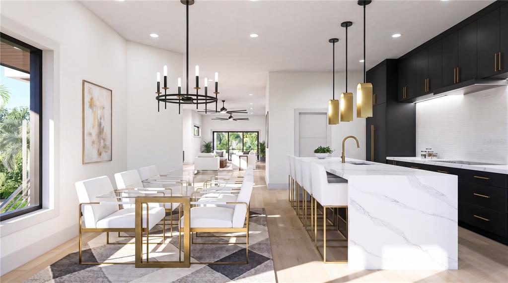 This rendering shows a modern open-concept kitchen and dining area with marble counters and black cabinetry — 2605 W CLEVELAND STREET, TAMPA, FL