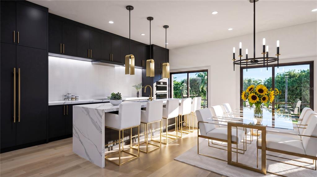 This rendering shows a modern kitchen and dining area with black cabinetry and gold accents — 2605 W CLEVELAND STREET, TAMPA, FL