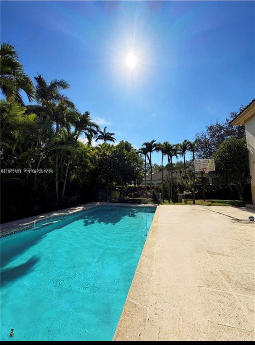 A rectangular swimming pool sits in a backyard with palm trees and a basketball hoop — 673 Destacada Ave, Coral Gables FL 33156, CORAL GABLES, FL