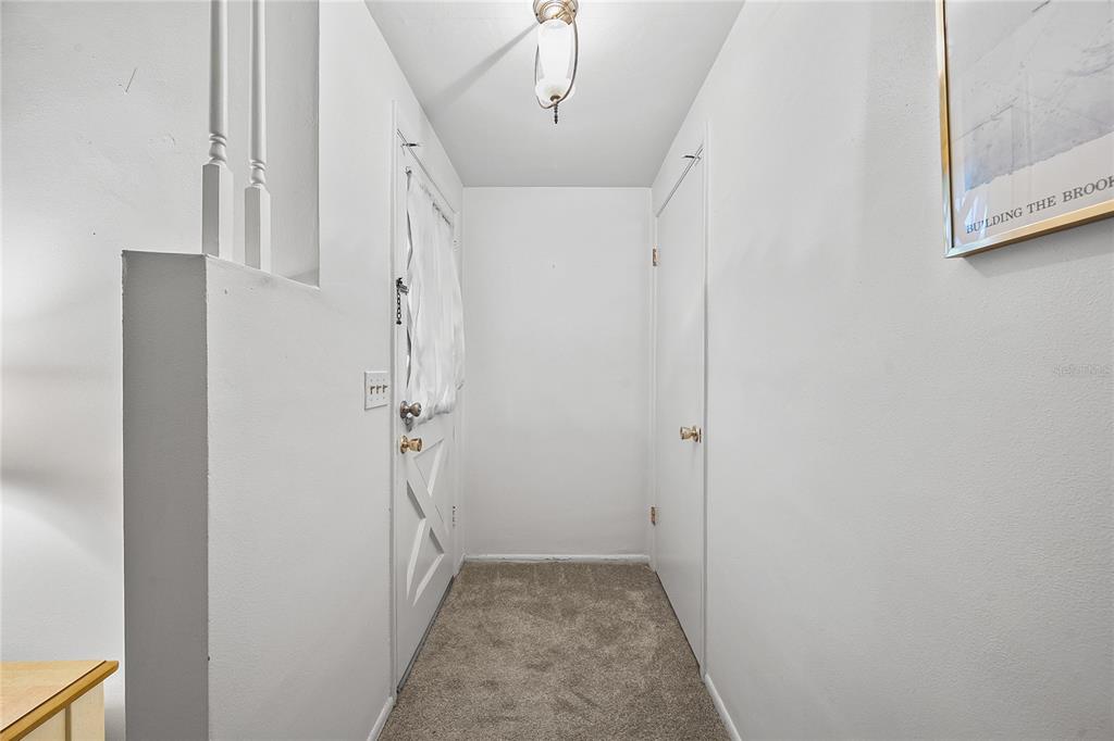 A narrow entryway features carpeted flooring, a white door, a closet, and a ceiling light — 3410 COLUMBUS DRIVE, HOLIDAY, FL
