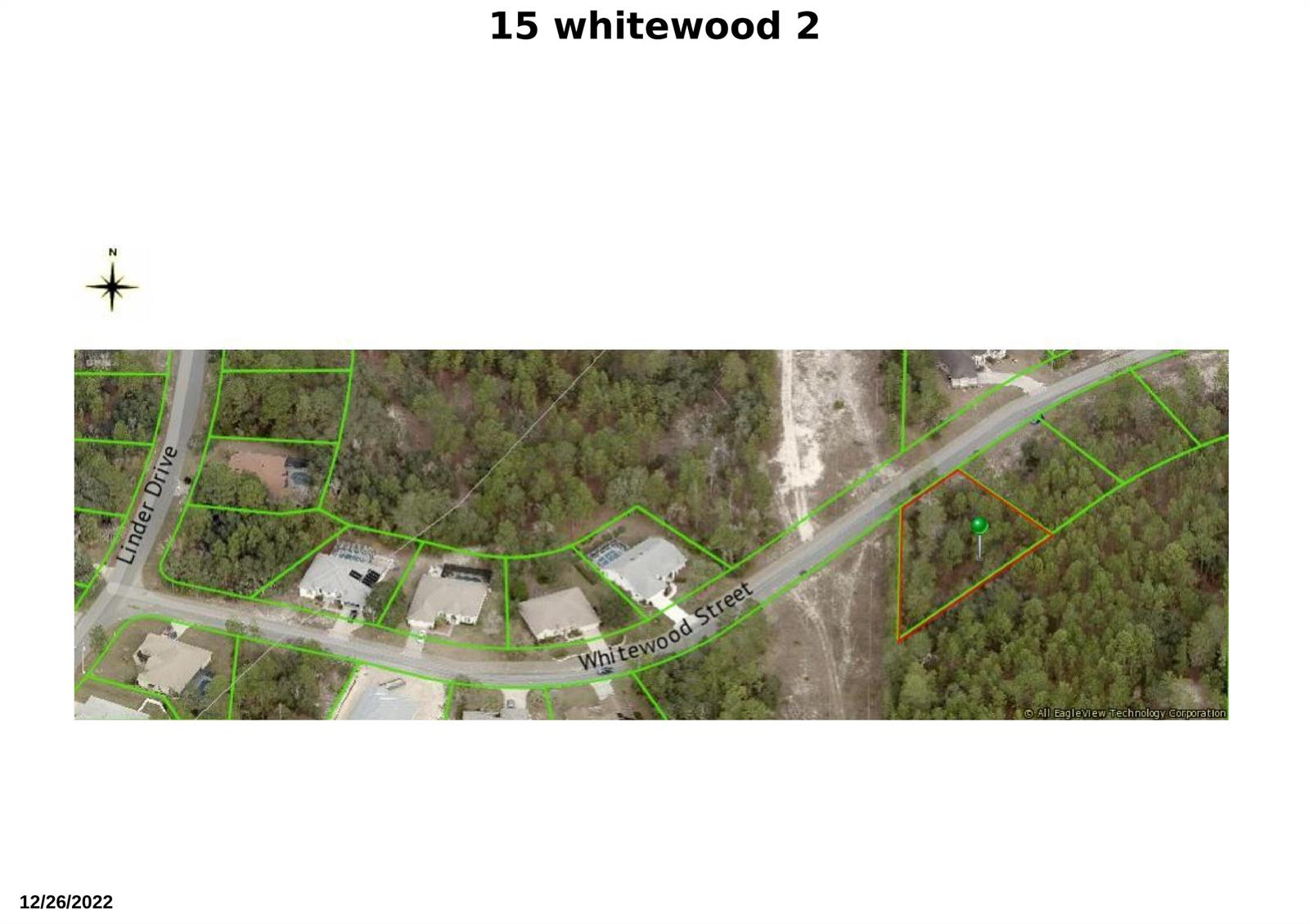 This is an aerial map showing a vacant lot highlighted in red along a street — 15 Whitewood Street, FL 34446, FL