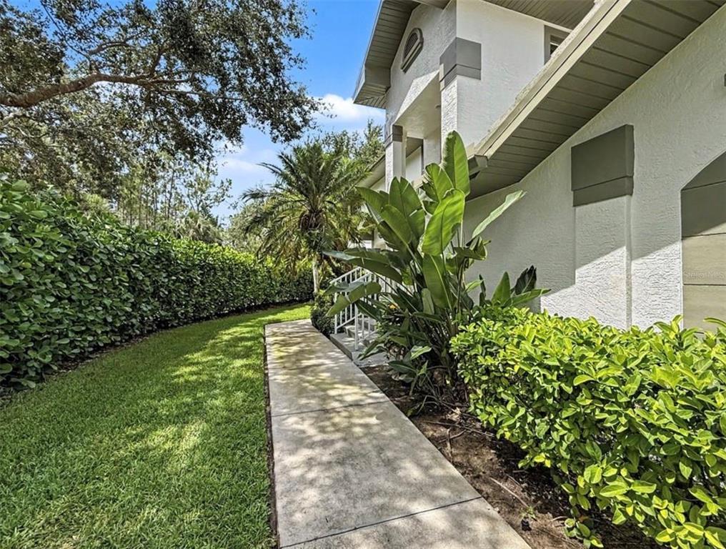 A concrete walkway leads past a white house exterior, a large plant, and a hedge — 8390 BIG ACORN CIRCLE UNIT 1103, NAPLES, FL