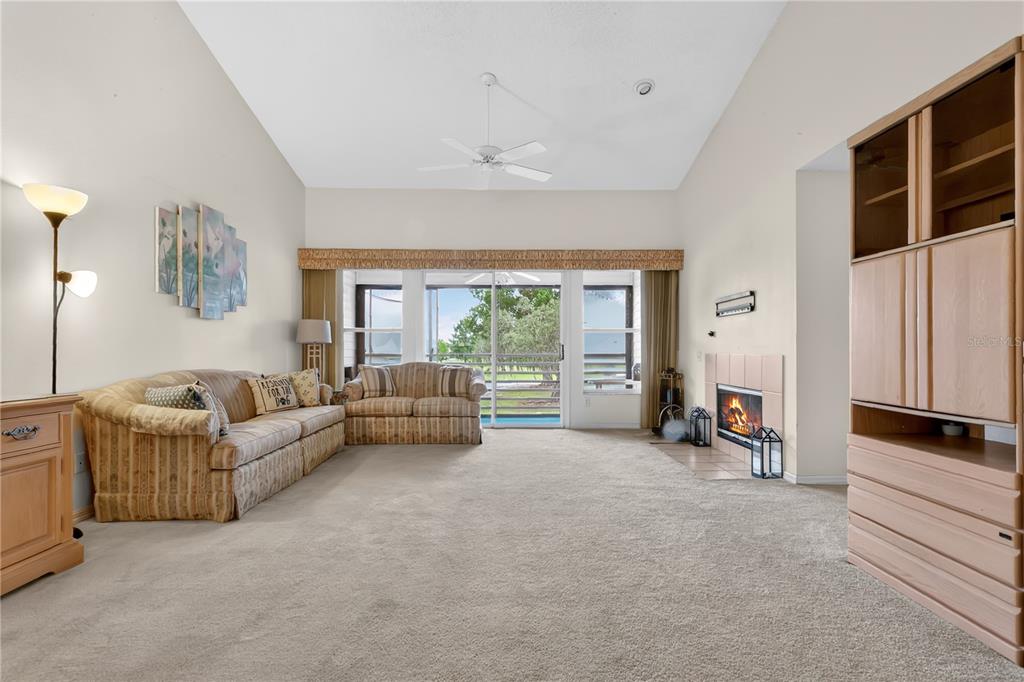 A living room with beige carpet, a fireplace, and a sliding glass door to a patio — 6126 SUNNYVALE DRIVE UNIT 2303, ORLANDO, FL