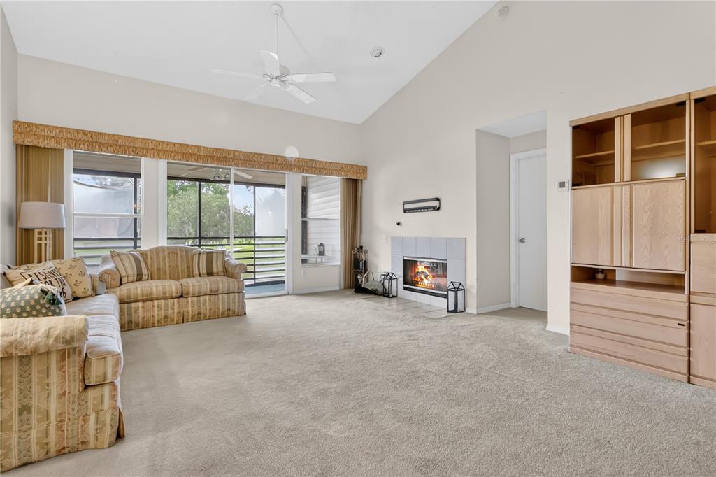 A living room features beige carpet, a fireplace, a large entertainment center, and sliding glass doors — 6126 SUNNYVALE DRIVE UNIT 2303, ORLANDO, FL