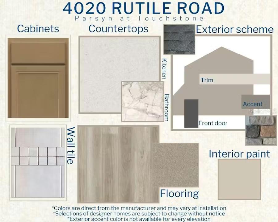 This design board displays interior and exterior finish samples including cabinetry, countertops, flooring, and paint — 4020 RUTILE ROAD, LAKELAND, FL