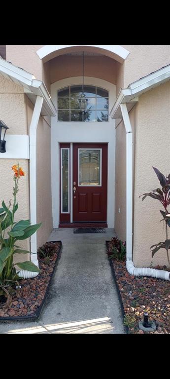A red front door with a side window sits at the end of a concrete walkway — 7947 GOLDEN POND CIRCLE, KISSIMMEE, FL