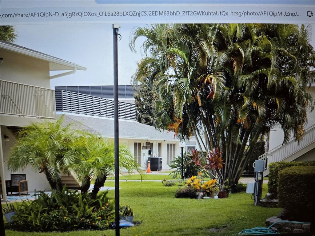 A grassy courtyard features palm trees, a white building with a clubhouse sign, and walkways — 1935 CONWAY DRIVE UNIT 05, ORLANDO, FL