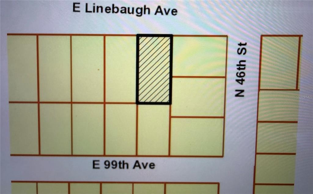This is a map showing a highlighted rectangular lot located between E Linebaugh Ave and E 99th Ave — 0 E LINEBAUGH AVENUE, TAMPA, FL