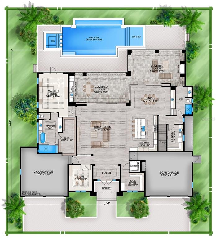 This floor plan shows a luxury home with two garages, a pool, and multiple lanais — 6606 SAWYER SHORES LANE, WINDERMERE, FL
