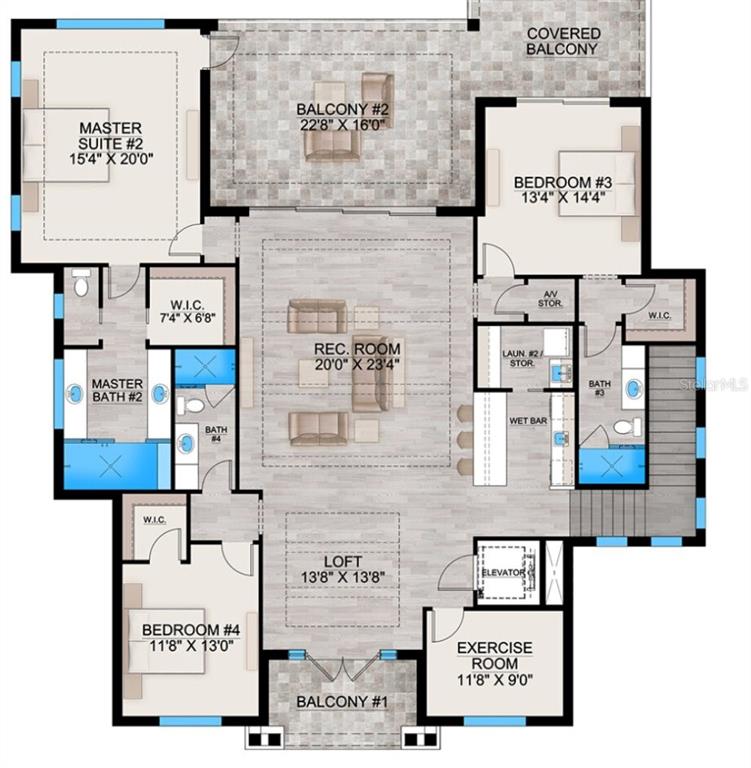 This floor plan shows the layout of a residential upper level featuring four rooms, multiple bathrooms, a loft, and two balconies — 6606 SAWYER SHORES LANE, WINDERMERE, FL