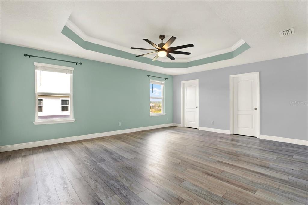 A bedroom features a tray ceiling, a ceiling fan, two-tone walls, and wood-look flooring — 11702 LAKE LUCAYA DRIVE, RIVERVIEW, FL