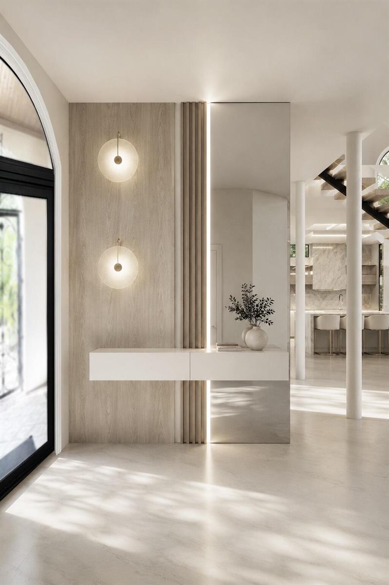 This rendering shows a modern entryway with a wood-paneled wall, floating console, and vertical lighting — 17673 Middlebrook Way, Boca Raton FL 33496, BOCA RATON, FL