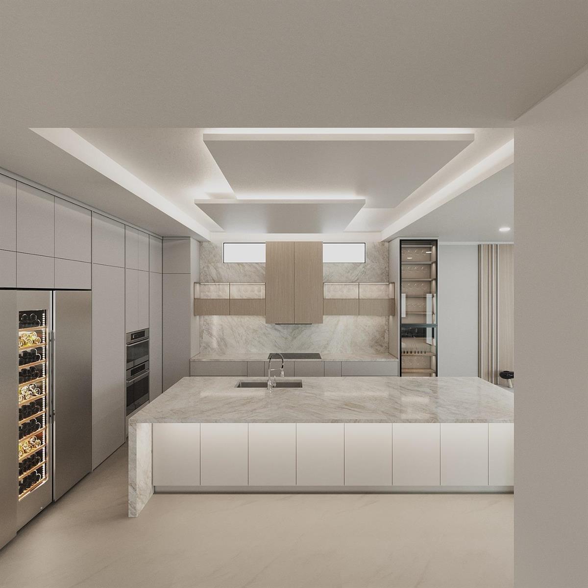 This rendering shows a modern kitchen with a large marble island, integrated appliances, and cabinetry — 17673 Middlebrook Way, Boca Raton FL 33496, BOCA RATON, FL