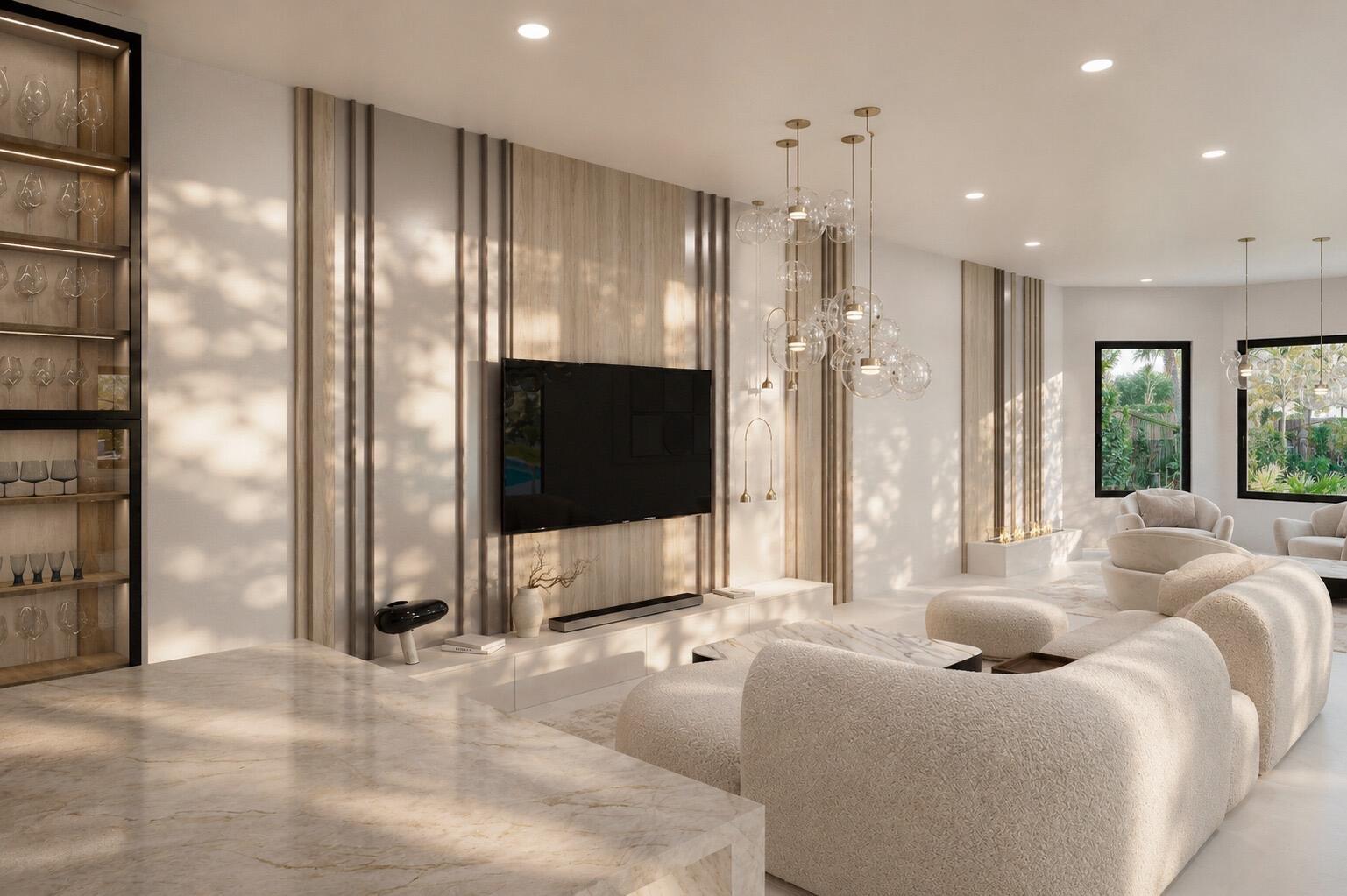 This rendering shows a modern living room with a wood-paneled TV wall and curved furniture — 17673 Middlebrook Way, Boca Raton FL 33496, BOCA RATON, FL