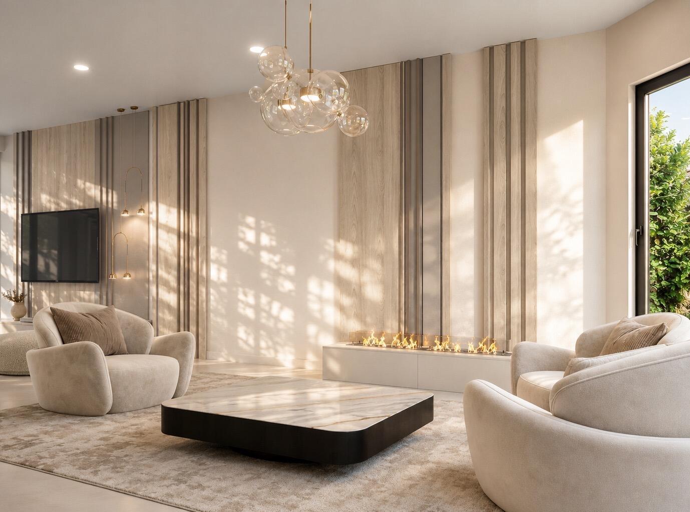 This rendering shows a modern living room with two armchairs, a fireplace, and wood paneling — 17673 Middlebrook Way, Boca Raton FL 33496, BOCA RATON, FL