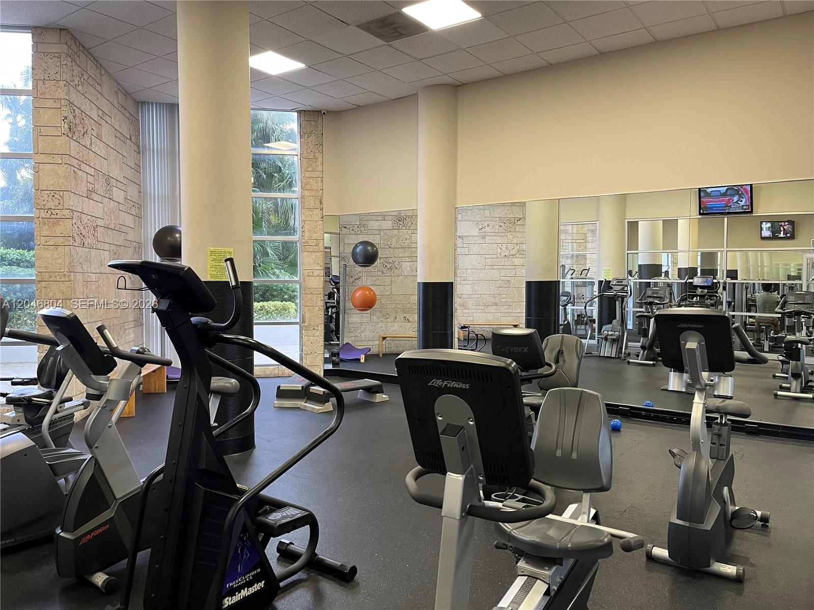 A gym features various exercise machines, mirrored walls, and large windows with outdoor views — 5151 Collins Ave # 1722, Miami Beach FL 33140, MIAMI BEACH, FL