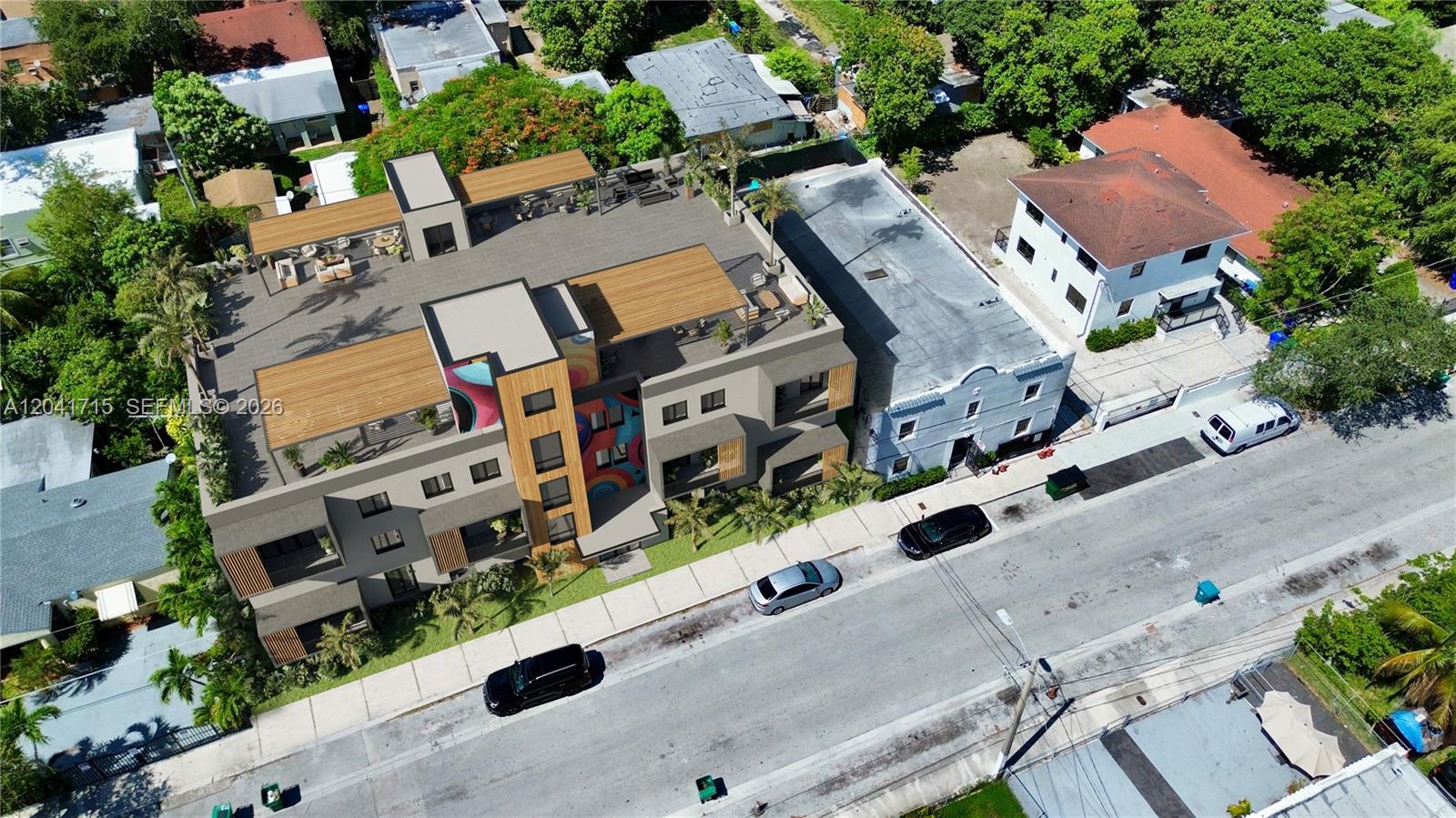 This is an architectural rendering of a modern multi-story building with a rooftop terrace — 255 NW 32nd St, Miami FL 33127, MIAMI, FL