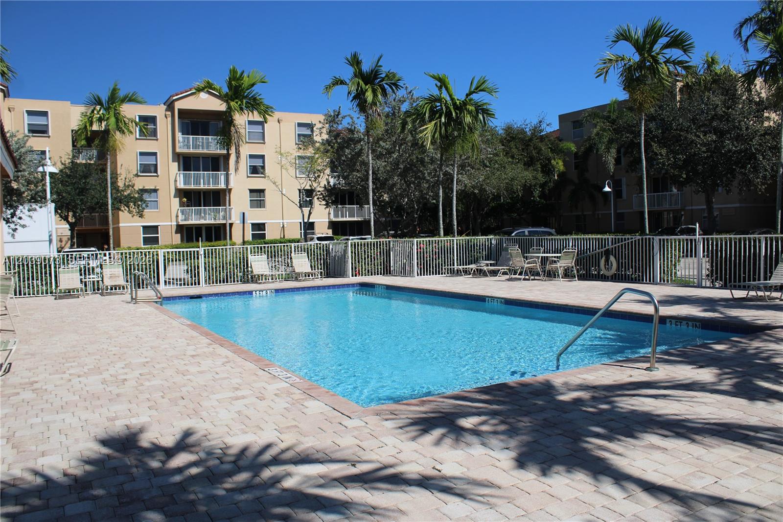 A rectangular swimming pool is surrounded by a brick patio and palm trees — 519 E Sheridan St # 1082, Dania Beach FL 33004, DANIA BEACH, FL