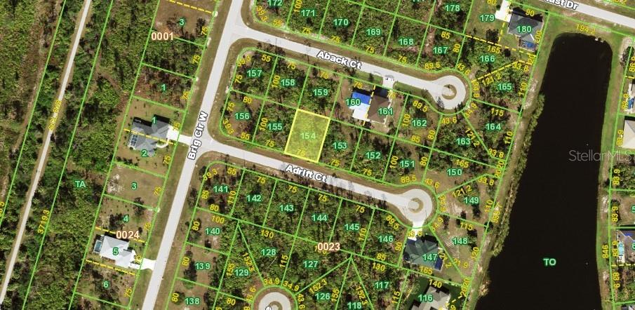 This is an aerial map showing a residential neighborhood with vacant lots and existing homes — 6 ADRIFT COURT, PLACIDA, FL