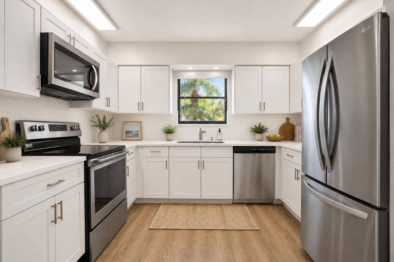 A white kitchen features stainless steel appliances, light wood flooring, and a window above the sink — 300 N Highway A1a # 104j, Jupiter FL 33477, JUPITER, FL