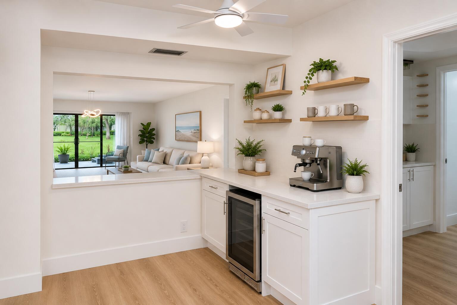 A kitchen coffee bar with white cabinets, quartz countertops, and floating shelves overlooks a living room — 300 N Highway A1a # 104j, Jupiter FL 33477, JUPITER, FL