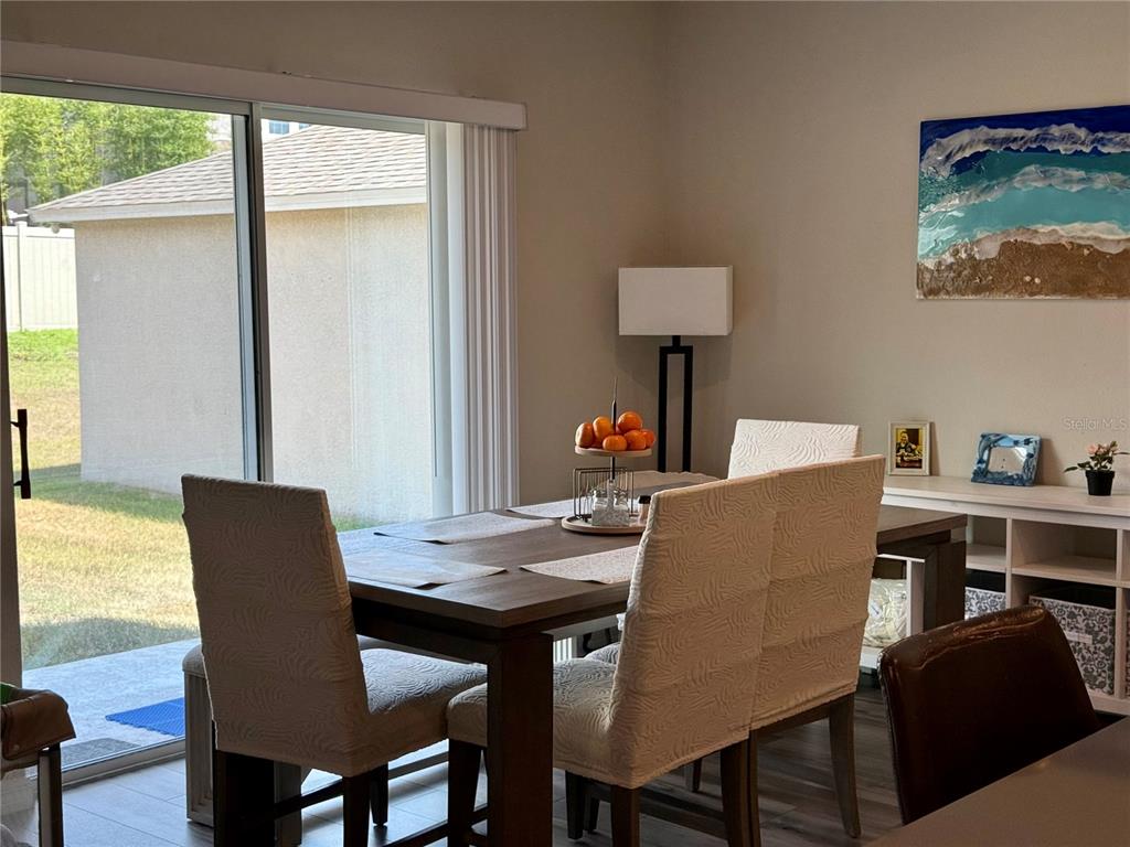 A dining area features a wooden table, upholstered chairs, a fruit bowl, and a sliding glass door — 10960 3RD STREET, RIVERVIEW, FL