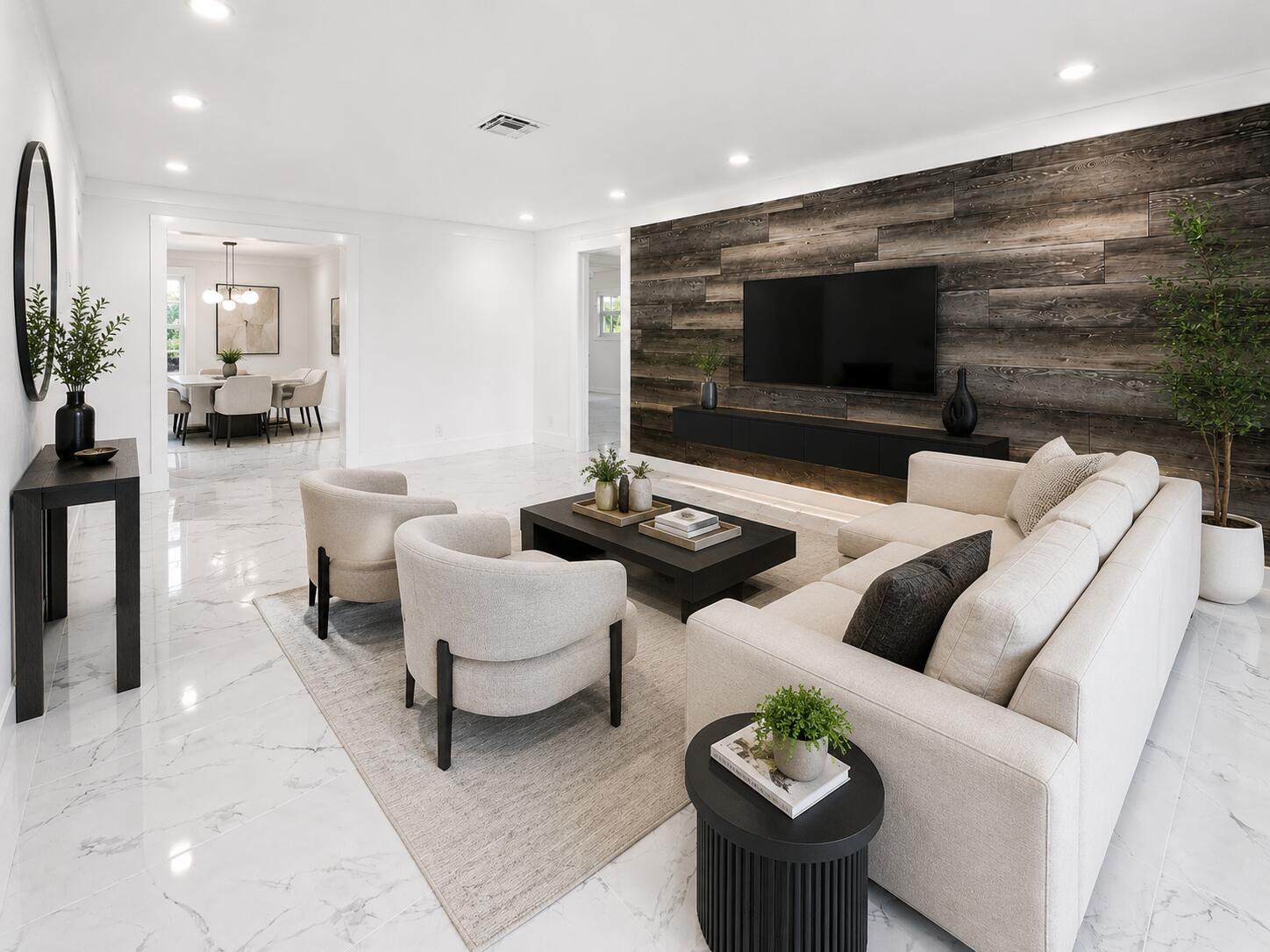 A modern living room features a wood-paneled accent wall, white marble floors, and neutral furniture — 1009 Leisure Lane, Boynton Beach FL 33426, BOYNTON BEACH, FL