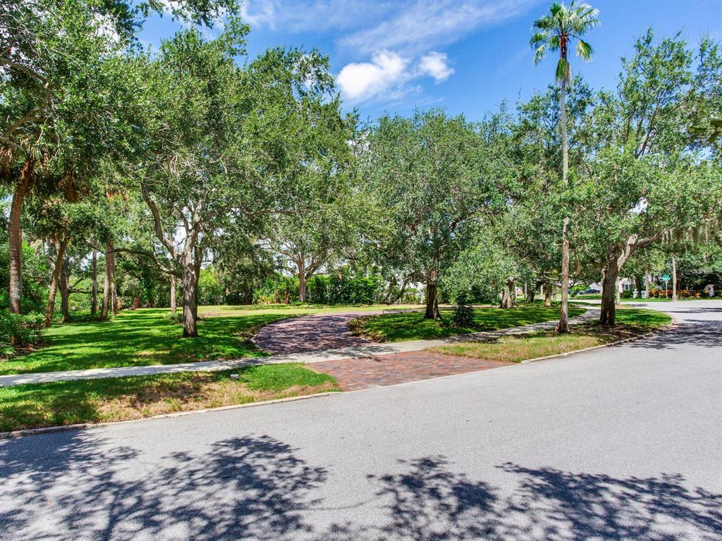 A paved driveway leads into a grassy, tree-filled lot from a residential street — 5001 S SHORE CREST CIRCLE, TAMPA, FL