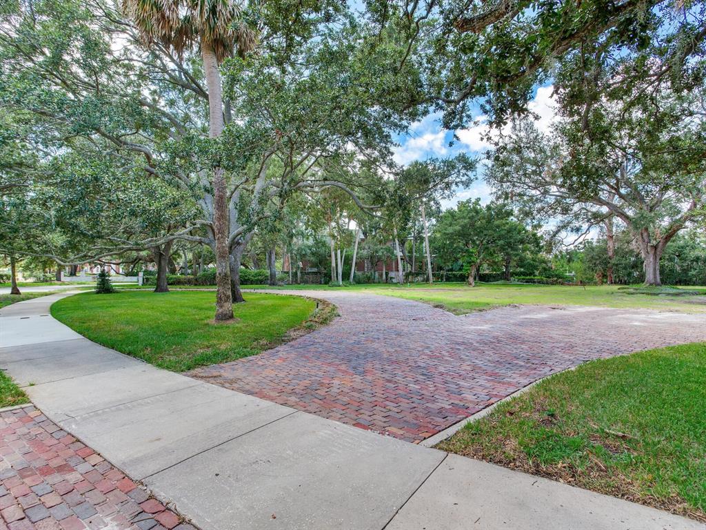 A brick driveway curves through a grassy yard shaded by large, mature oak trees — 5001 S SHORE CREST CIRCLE, TAMPA, FL
