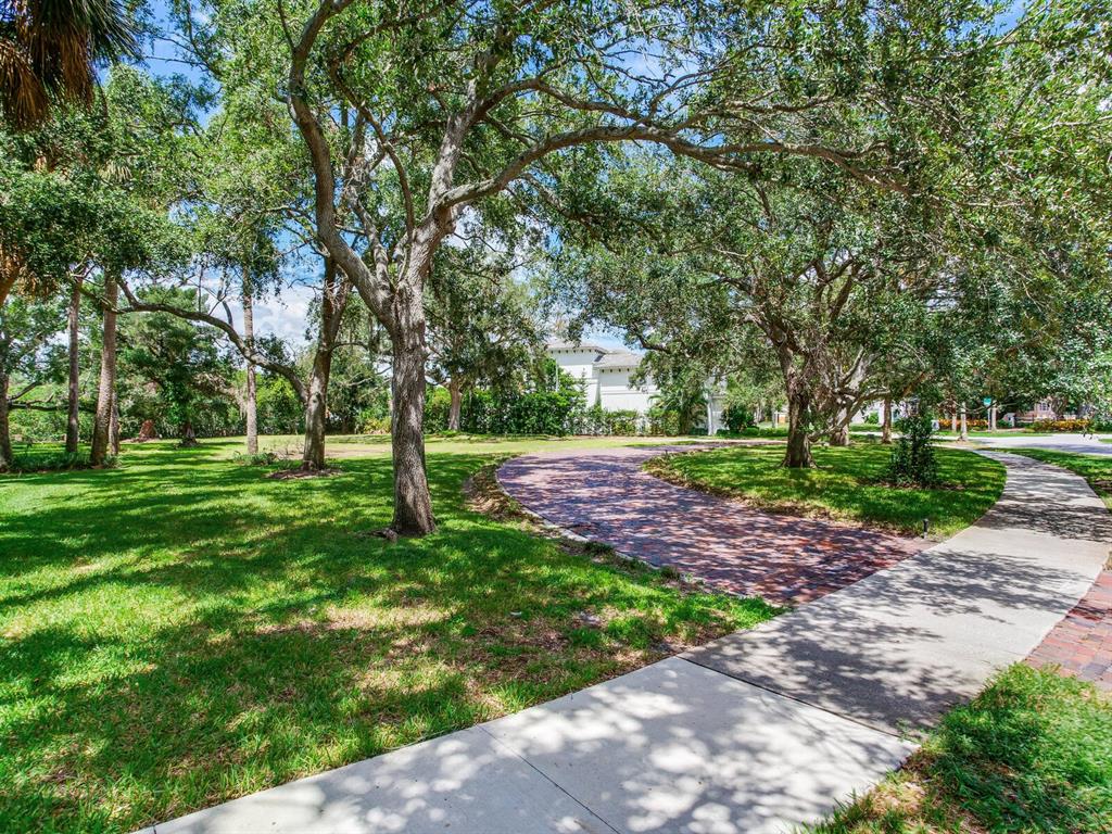 A brick driveway curves through a grassy yard shaded by large, mature oak trees — 5001 S SHORE CREST CIRCLE, TAMPA, FL