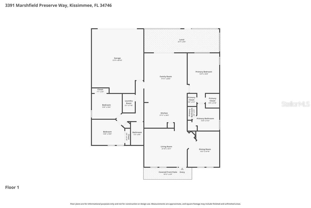 This is a floor plan showing the layout of a single-story residential home — 3391 MARSHFIELD PRESERVE WAY, KISSIMMEE, FL