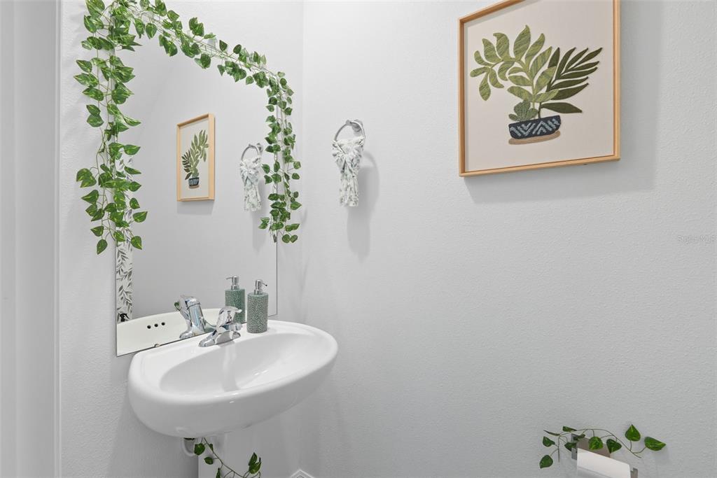 A small bathroom features a wall-mounted sink, a mirror decorated with faux vines, and wall art — 22289 NEBULA WAY, LAND O LAKES, FL