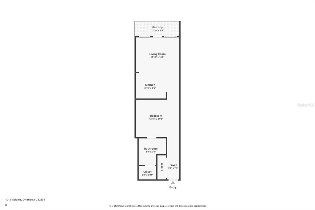 This is a floor plan of a one-bedroom apartment with a balcony and one bathroom — 101 S EOLA DRIVE UNIT 815, ORLANDO, FL
