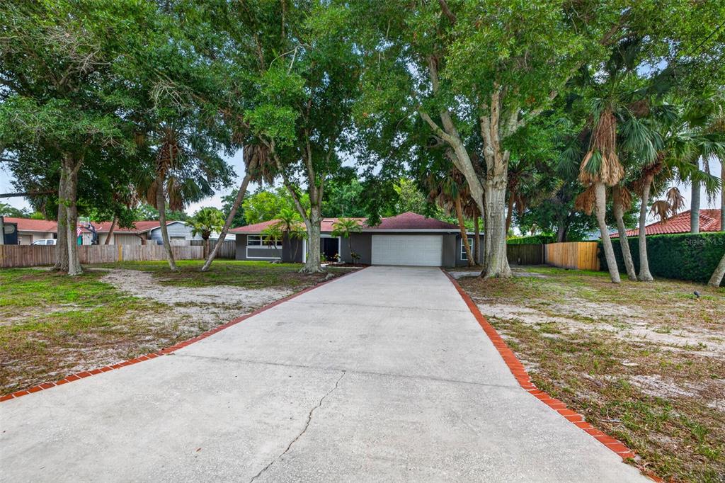 A single-story house with a concrete driveway and mature trees in the front yard — 1963 BELLEAIR ROAD, CLEARWATER, FL