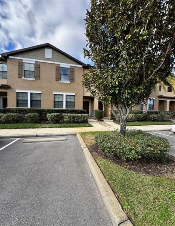A tan stucco townhouse exterior features a brown front door and dark brown window shutters — 4393 FENNWOOD CT, WESLEY CHAPEL, FL