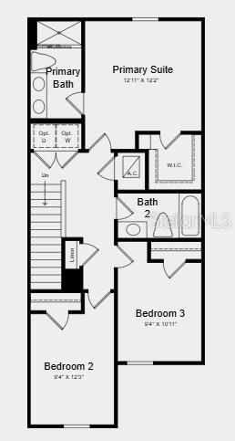 This is a floor plan showing the upper level with a primary suite, two bedrooms, and two bathrooms — 543 MOONSTONE COURT, GROVELAND, FL