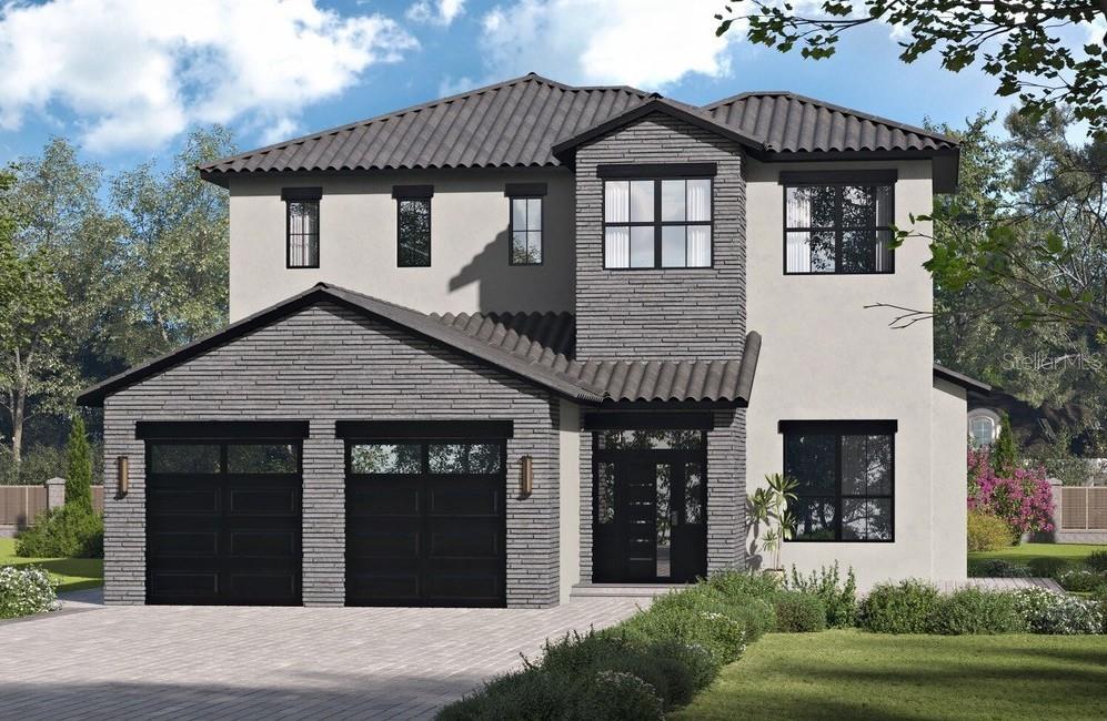A digital rendering of a two-story house with a gray stone facade and two-car garage — 15825 VETTA DRIVE, BELLA COLLINA, FL