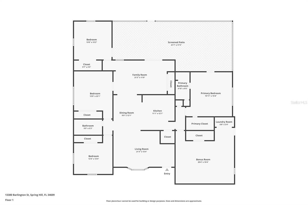 This is a floor plan of a single-story house with four bedrooms and a screened patio — 13380 BARLINGTON STREET, SPRING HILL, FL