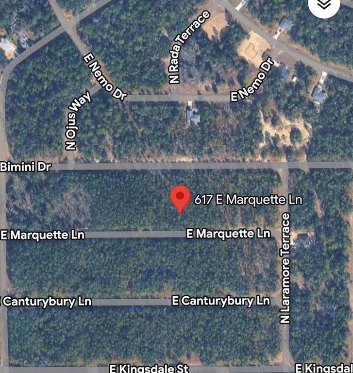 This is a satellite map view of a wooded residential lot — 617 E MARQUETTE LANE, DUNNELLON, FL